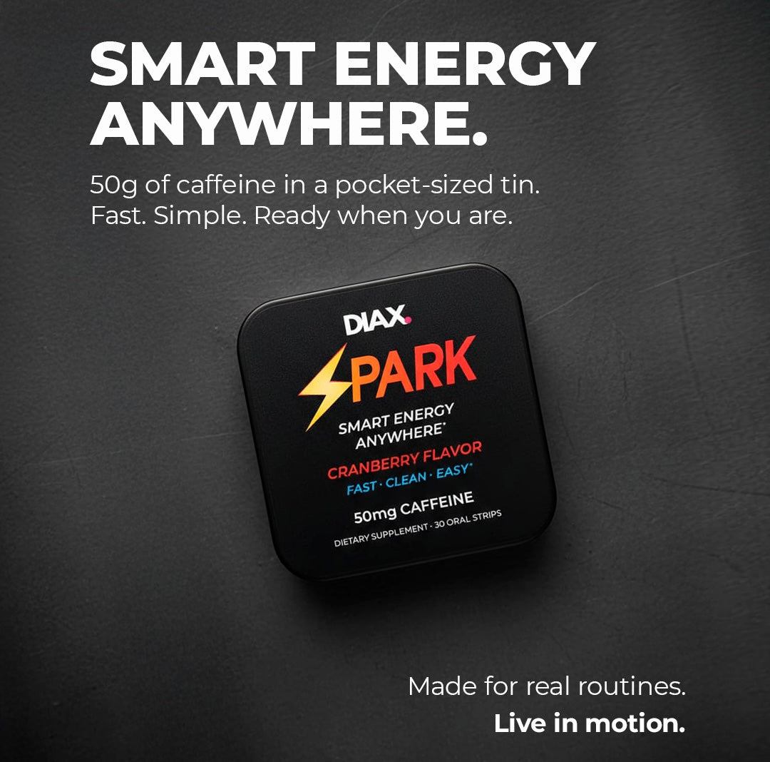DIAX oral strips with colorful dissolvable strips, clean minimal design, energy and daily balance concept