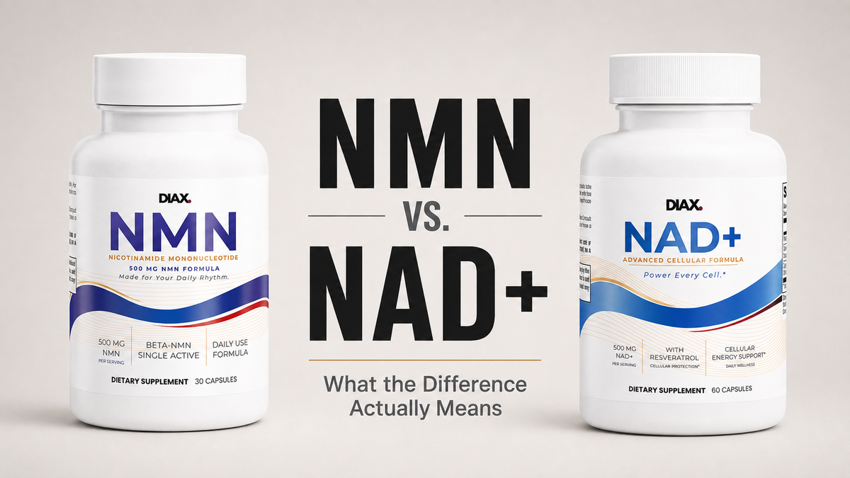 NMN 500 mg and NAD+ supplement bottles side by side in an NMN vs. NAD+ comparison graphic.