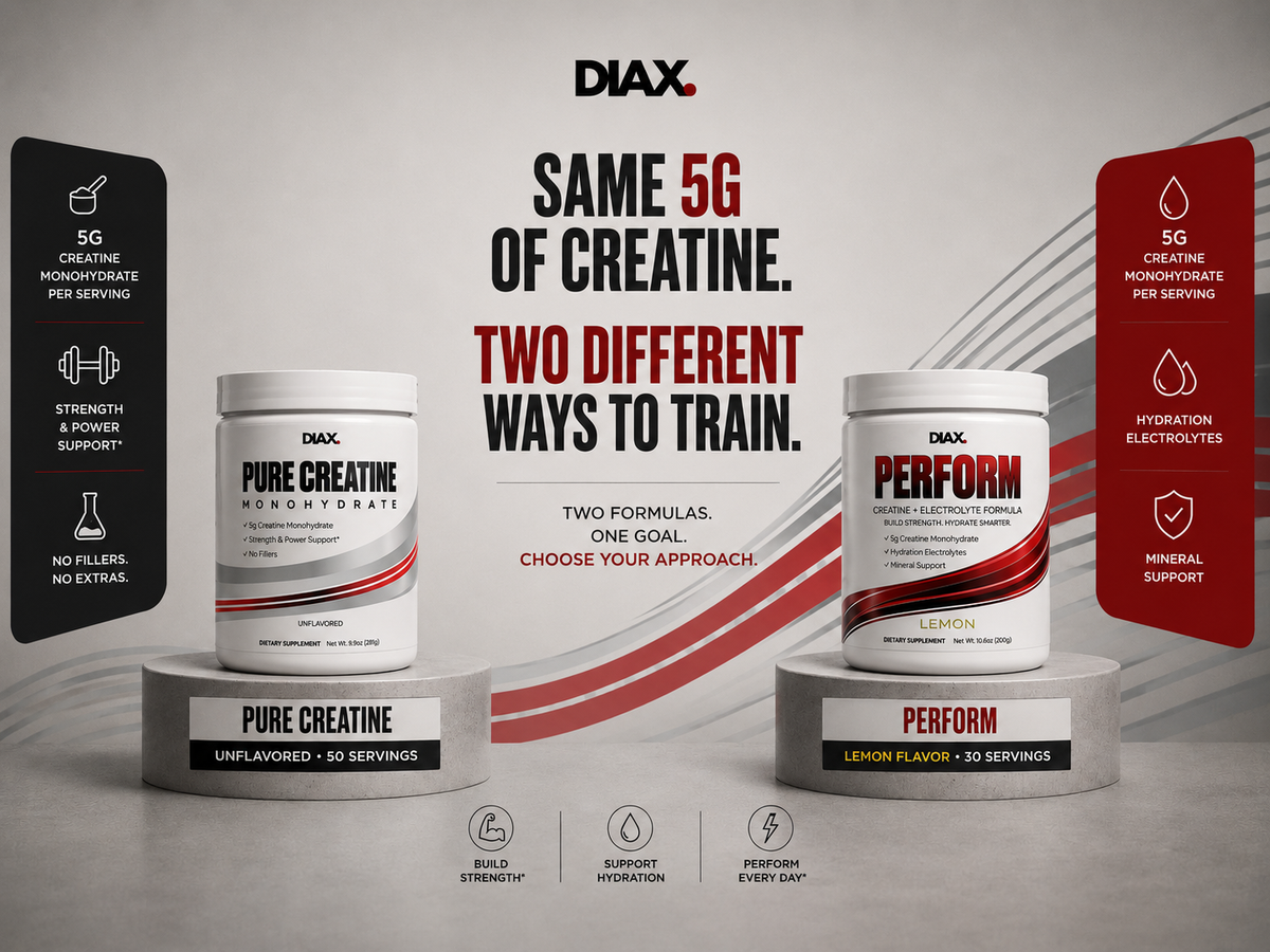 Pure Creatine and Perform comparison, showing 5g of creatine monohydrate per serving and the difference between pure creatine and creatine with electrolytes for different training needs.