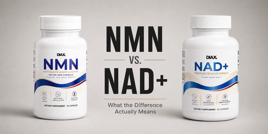 NMN vs NAD+ supplement comparison, DIAX bottles with 500 mg per serving