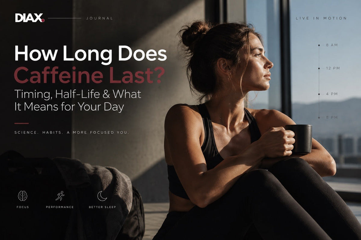 DIAX Journal cover about caffeine timing and half-life, featuring an athletic woman holding a coffee mug by a window.