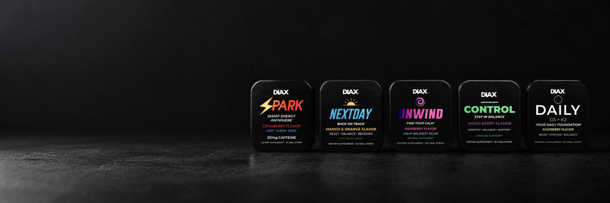 DIAX oral supplement strips lineup featuring SPARK, NEXTDAY, UNWIND, CONTROL and DAILY D3 + K2