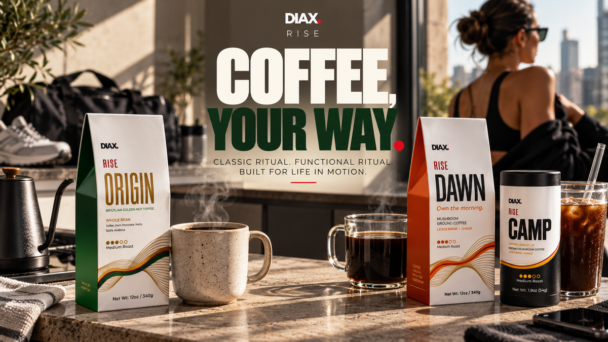 DIAX RISE ORIGIN regular coffee, DAWN mushroom ground coffee and CAMP instant mushroom coffee in an active morning coffee ritual