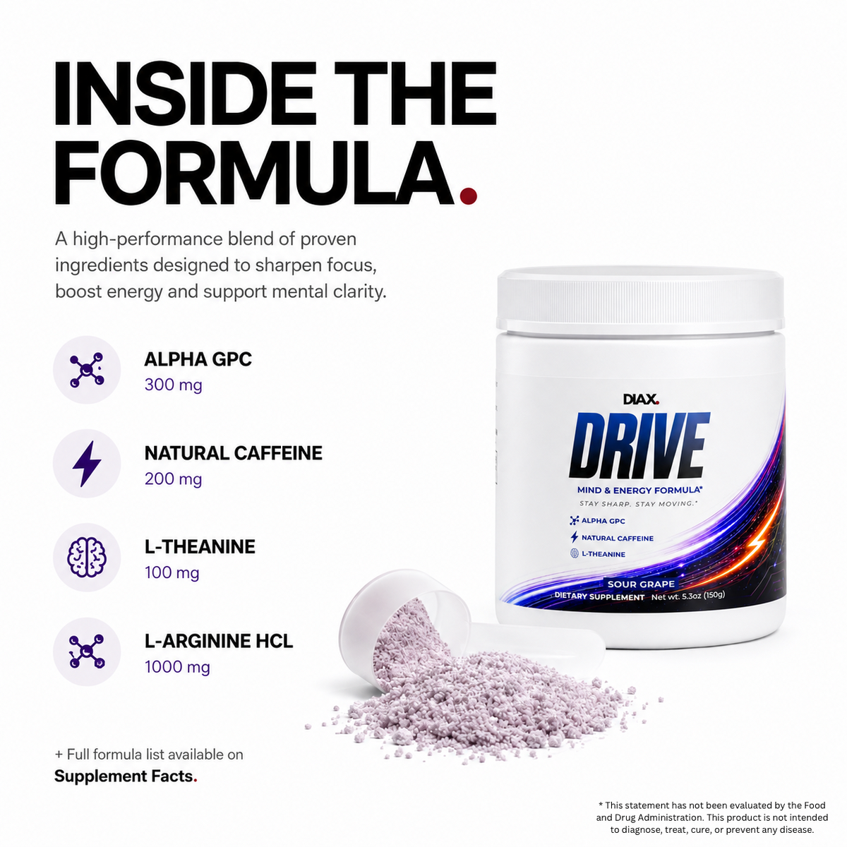Daxx Drive dietary supplement container with a spilled pile of light purple powder on a white background, accompanied by marketing text detailing its ingredients: Alpha GPC 300 mg, Natural Caffeine 200 mg, L-Theanine 100 mg, and L-Arginine HCL 1000 mg.