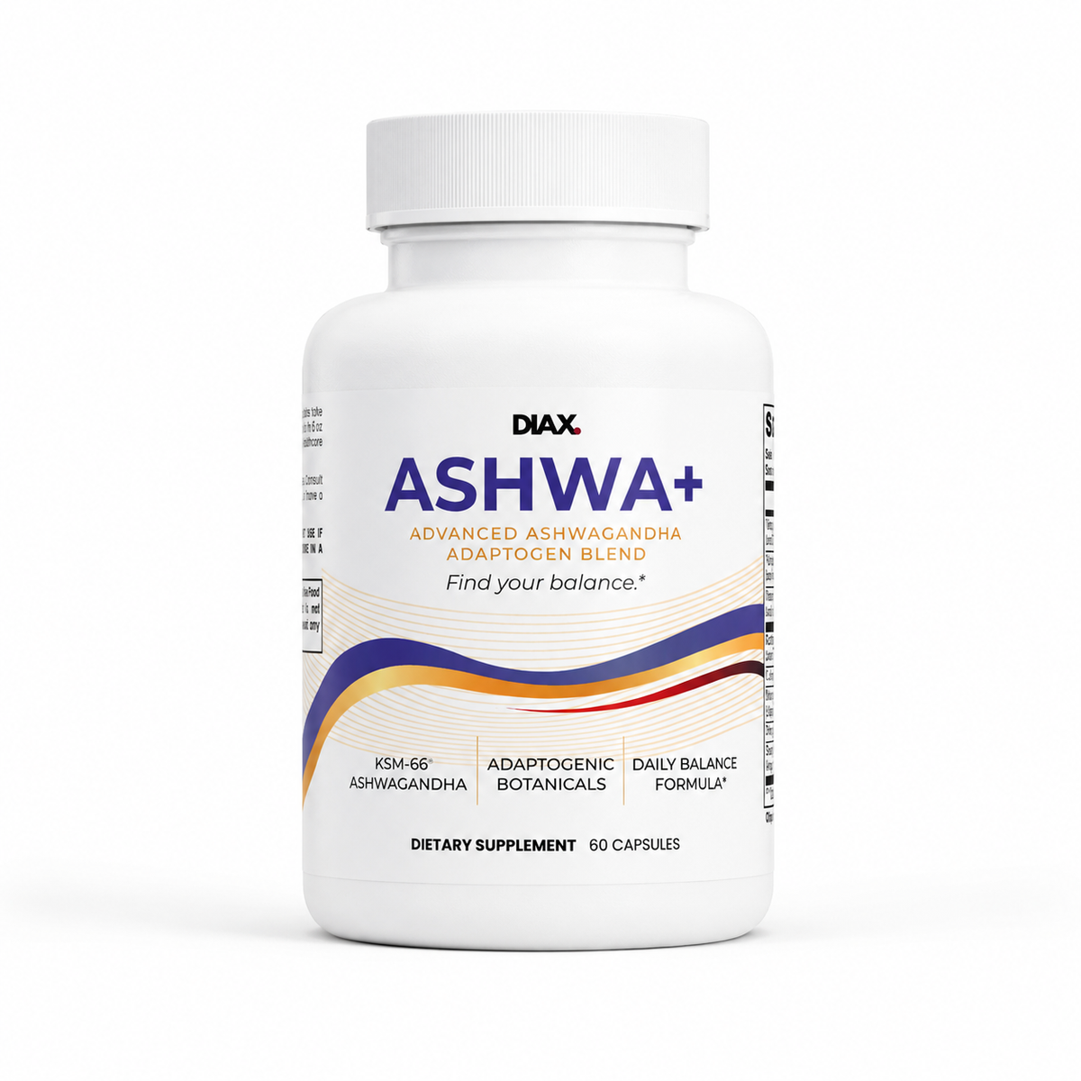A white bottle of DIAX Ashwa+ dietary supplement with a white cap, featuring blue and orange text and wave graphics on a clean white background.