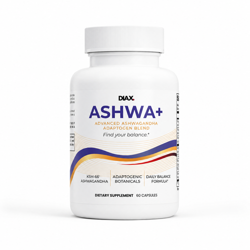 A white bottle of DIAX Ashwa+ dietary supplement with a white cap, featuring blue and orange text and wave graphics on a clean white background.