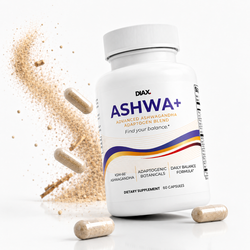 A white bottle of DIAKX ASHWA+ dietary supplement capsules with several capsules floating around it and powder scattered on the left, set against a clean white background.