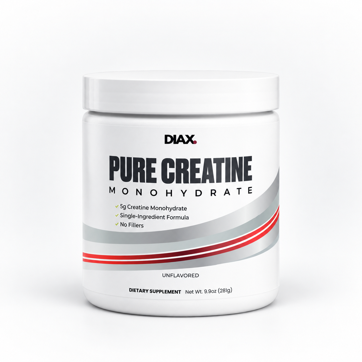 A white plastic tub of DIAX Pure Creatine Monohydrate dietary supplement, shown on a clean white background with a soft shadow.