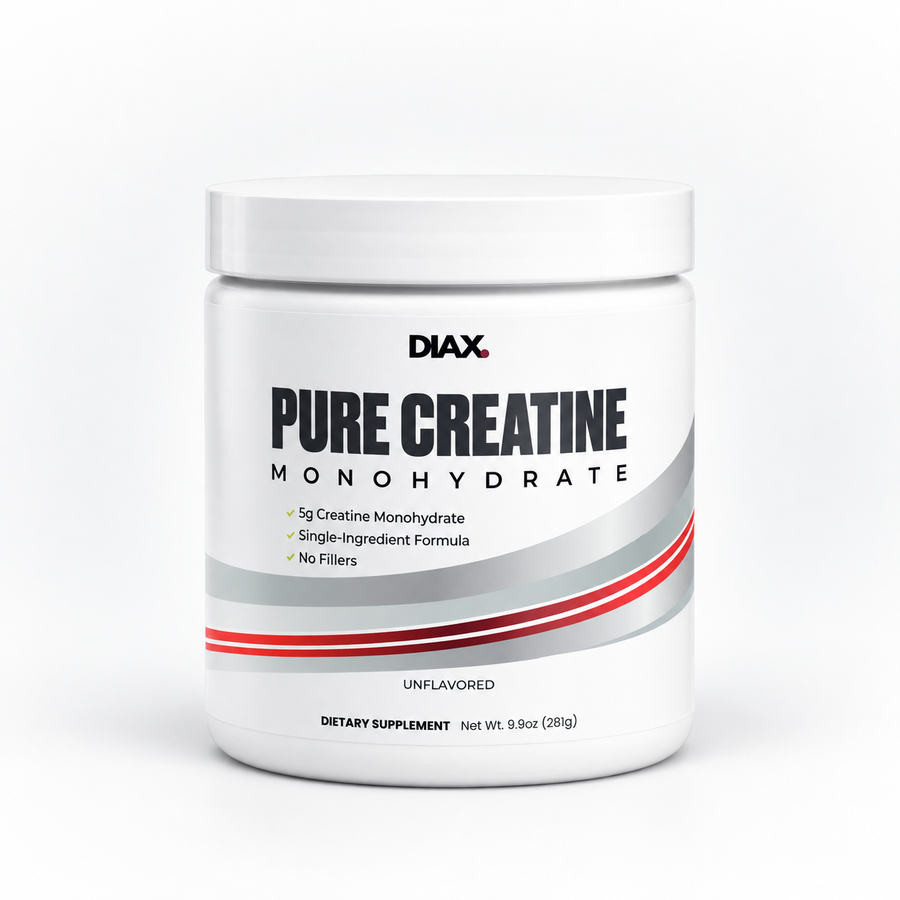 A white plastic tub of DIAX Pure Creatine Monohydrate dietary supplement, shown on a clean white background with a soft shadow.