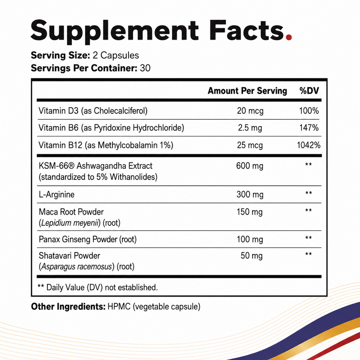 A supplement facts label with a black-and-white table listing ingredients and daily value information, including Vitamin D3, Vitamin B6, Vitamin B12, KSM-68 Ashwagandha, L-Arginine, Maca Root Powder, Panax Ginseng Powder, and Shatavari Powder.