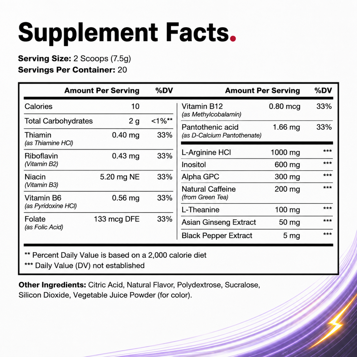 A supplement facts label for a powdered supplement, showing serving size of 2 scoops (7.5g), servings per container of 20, a nutrition/daily value table with ingredients and nutrients, and a list of other ingredients including citric acid, natural flavor, polydextrose, sucralose, silicon dioxide, and vegetable juice powder.