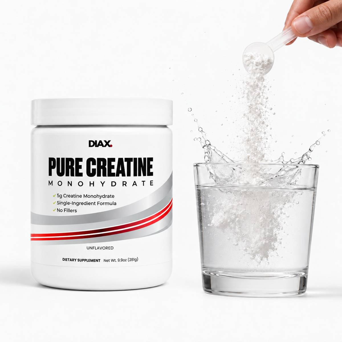 A white tub of DIAX Pure Creatine Monohydrate stands next to a hand holding a small scoop pouring white powder into a clear glass, with a splash effect, on a clean white background.