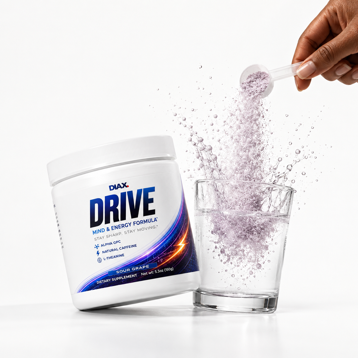 A white tub of DIALK DRIVE Mind & Energy Formula dietary supplement is shown next to a clear glass being filled with a scoop of light purple powder, with the powder splashing into the air against a clean white background.