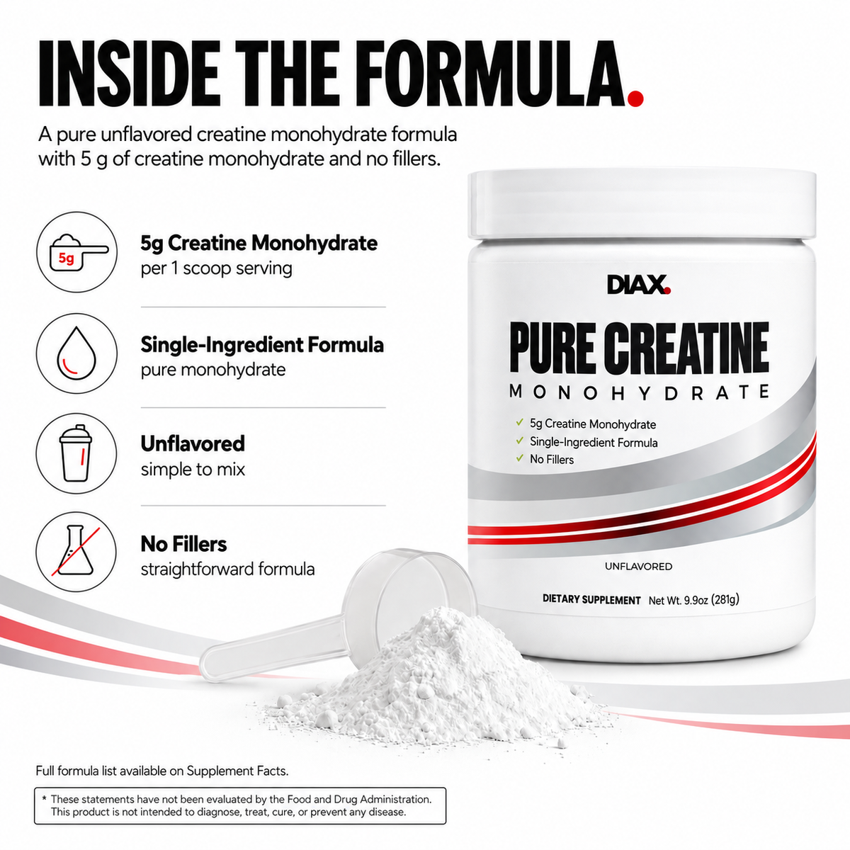 DIAX Pure Creatine Monohydrate formula graphic showing 5g creatine monohydrate, single-ingredient formula, unflavored, and no fillers