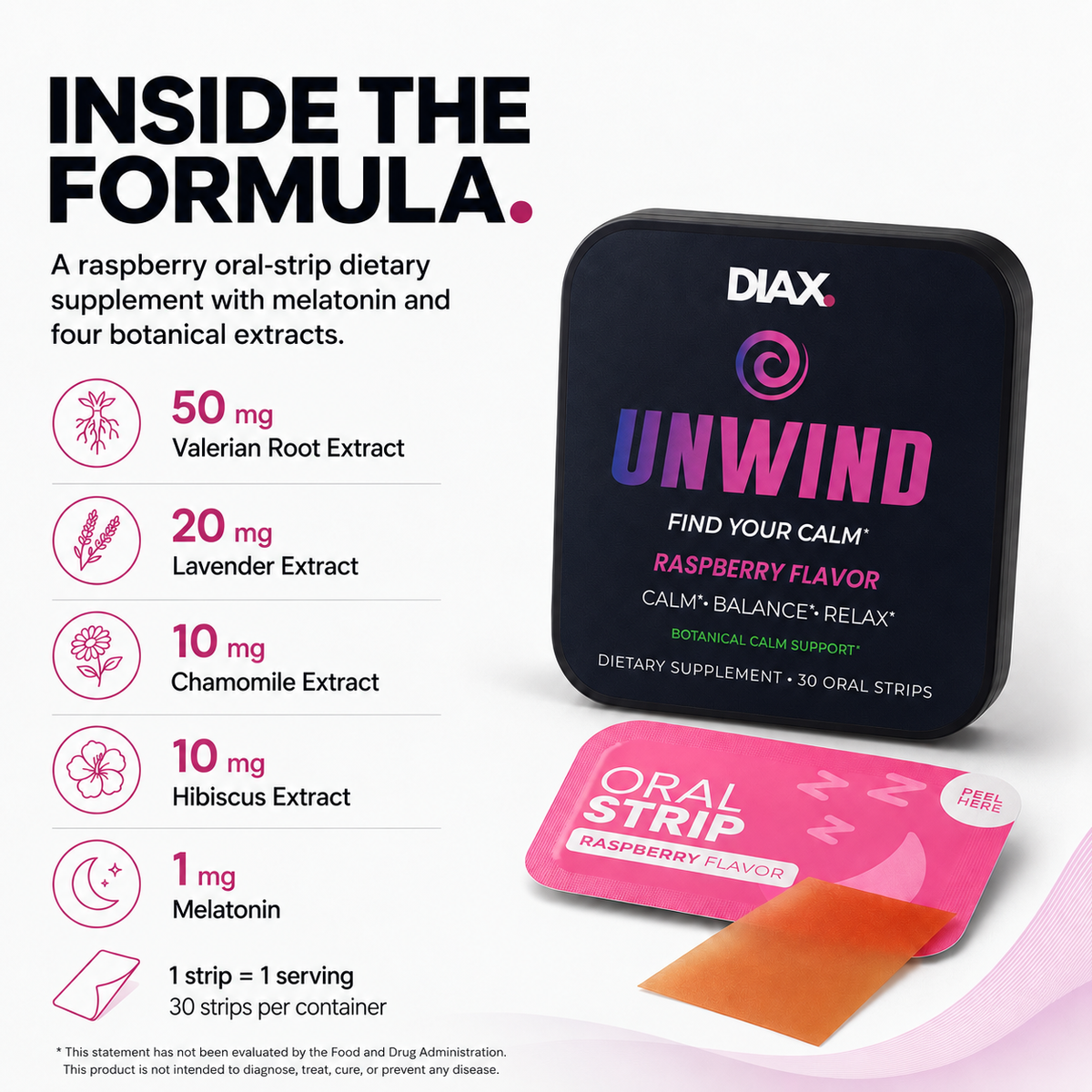 DIAX Unwind Raspberry Flavor oral strip dietary supplement packaging and contents on a white background with text detailing ingredient doses.